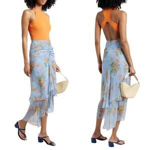 Veronica Beard Sira Floral Ruffle Silk Chiffon Skirt Blue Oasis Multi Size 8